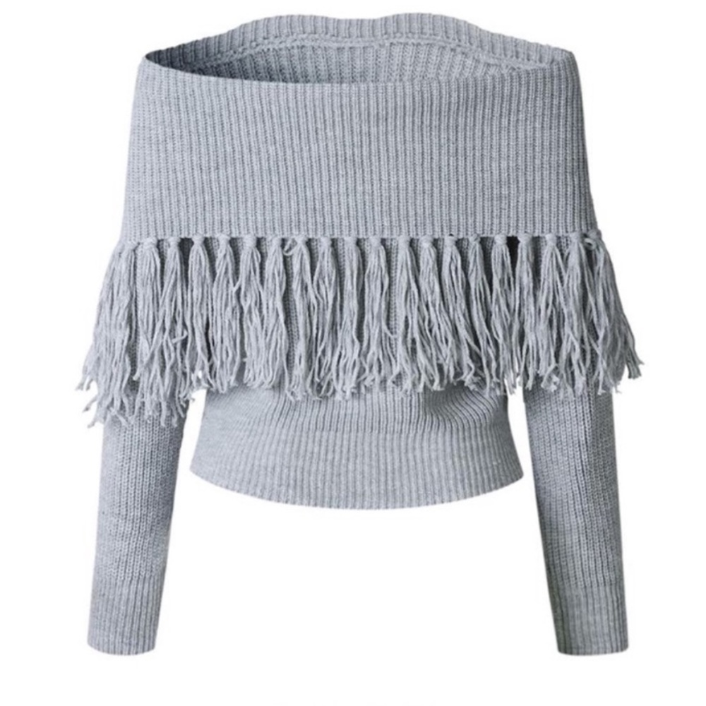 Gray Fringe Off The Shoulder Knit Sweater - Picture 3 of 3